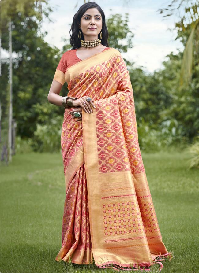 Organza Peach Traditional Wear Printed Saree